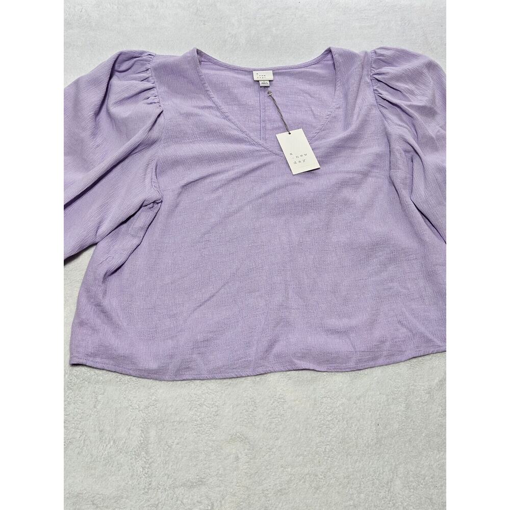 A New Day Blouse Women's Large Purple Balloon Long Sleeve V Neck Blouse
